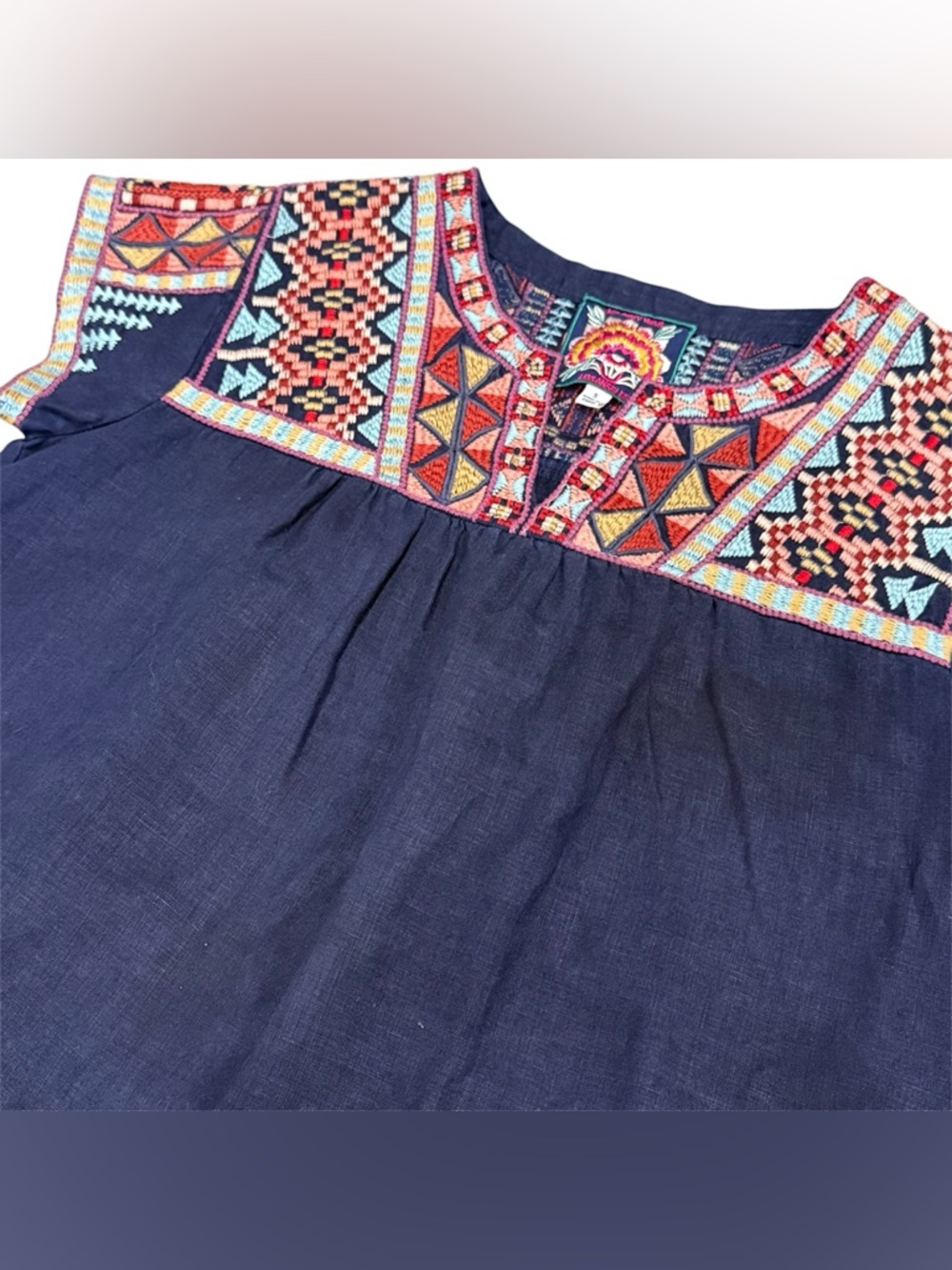 Johnny Was Embroidered Linen Blouse Top Women Small Blue Boho Folk Peasant